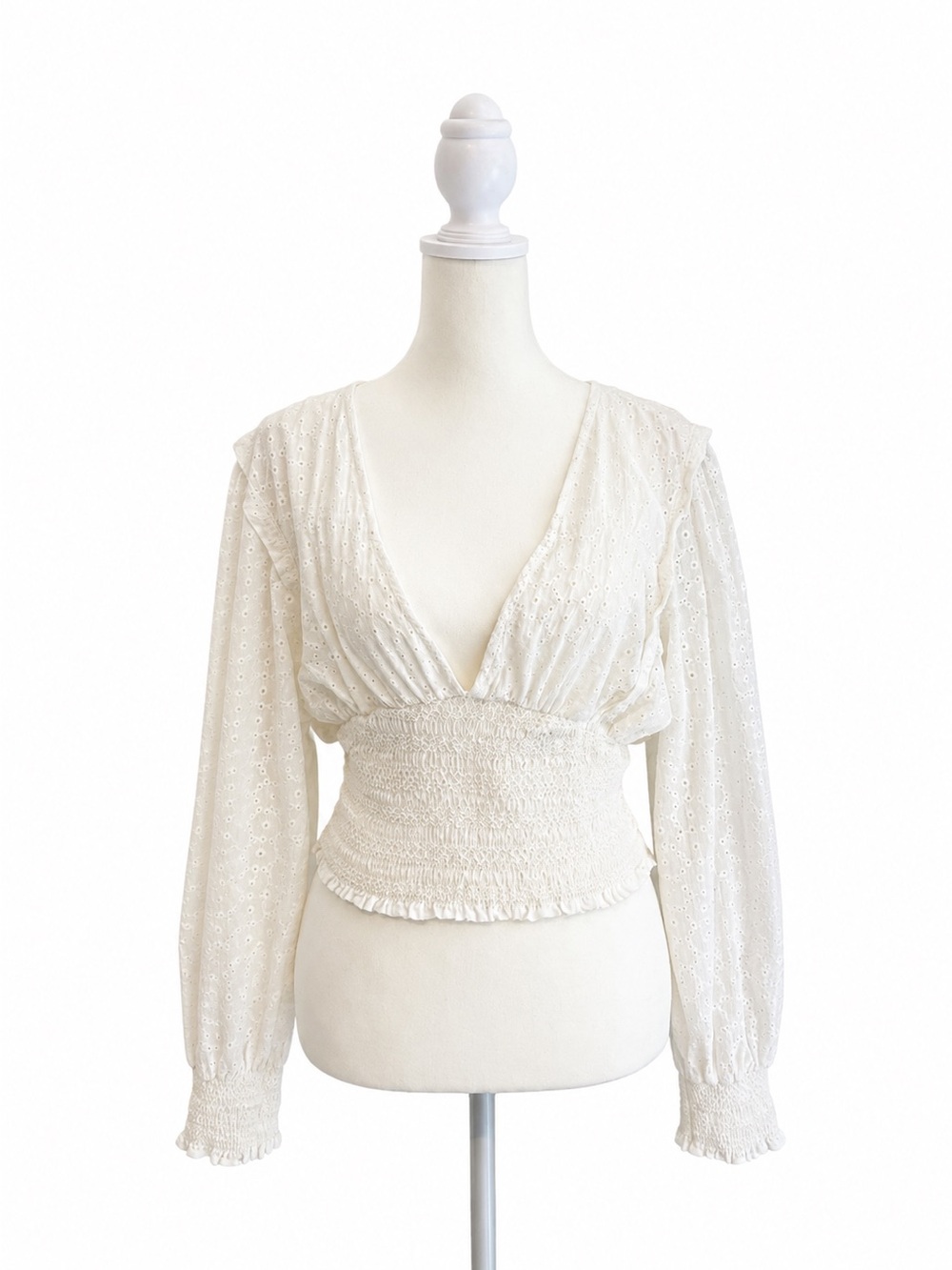 Smocked Waist White Eyelet V-Neck Blouse